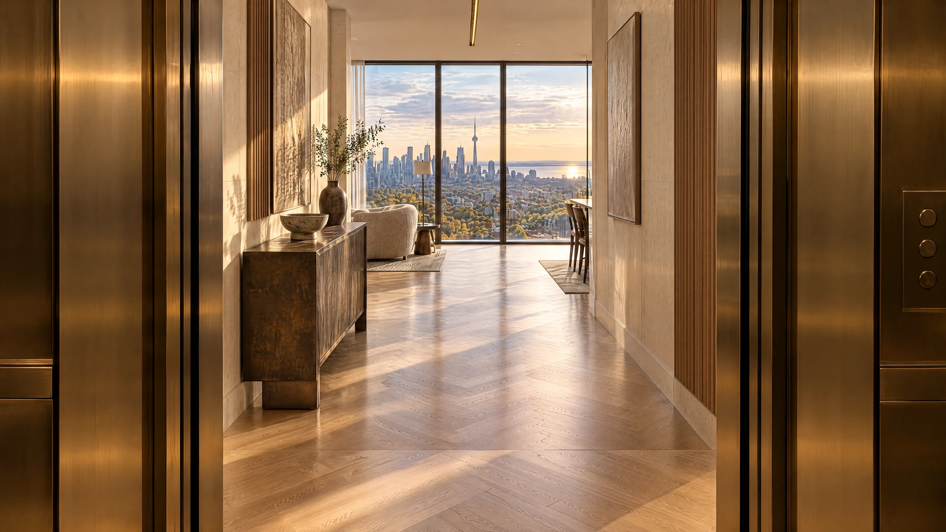 An illustrated penthouse foyer seen from a brass elevator, with a gallery leading to floor-to-ceiling windows and the CN Tower