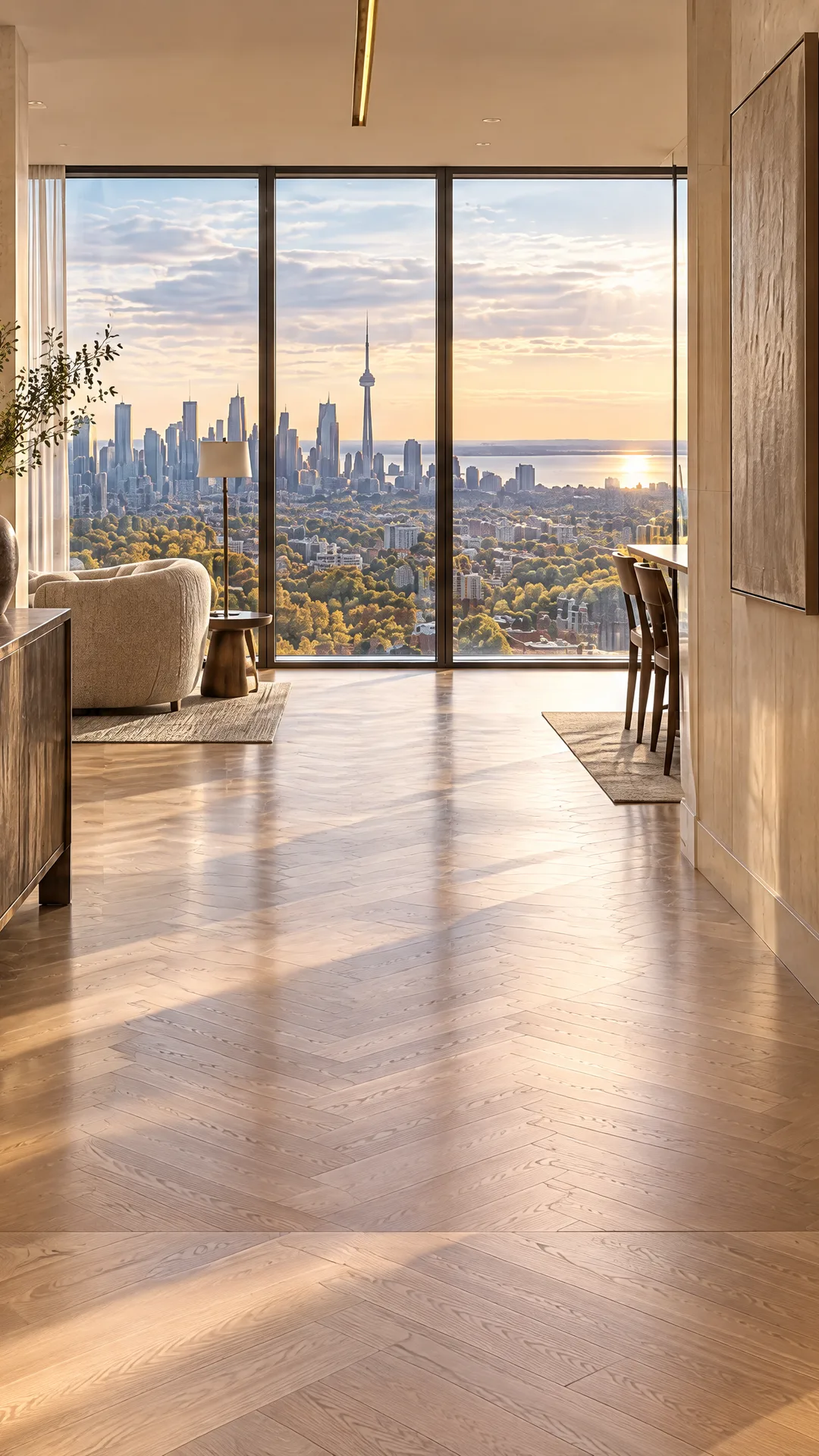 An illustrated penthouse foyer seen from a brass elevator, with a gallery leading to floor-to-ceiling windows and the CN Tower