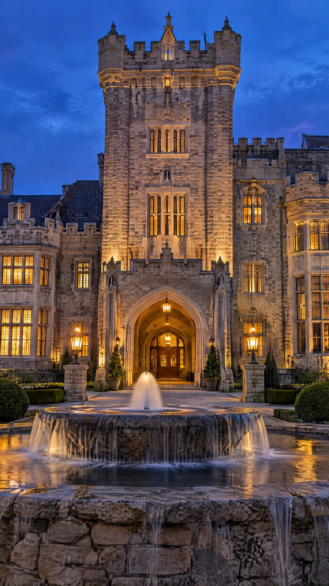 An illustrated Gothic Revival castle lit at dusk behind a stone fountain and gardens