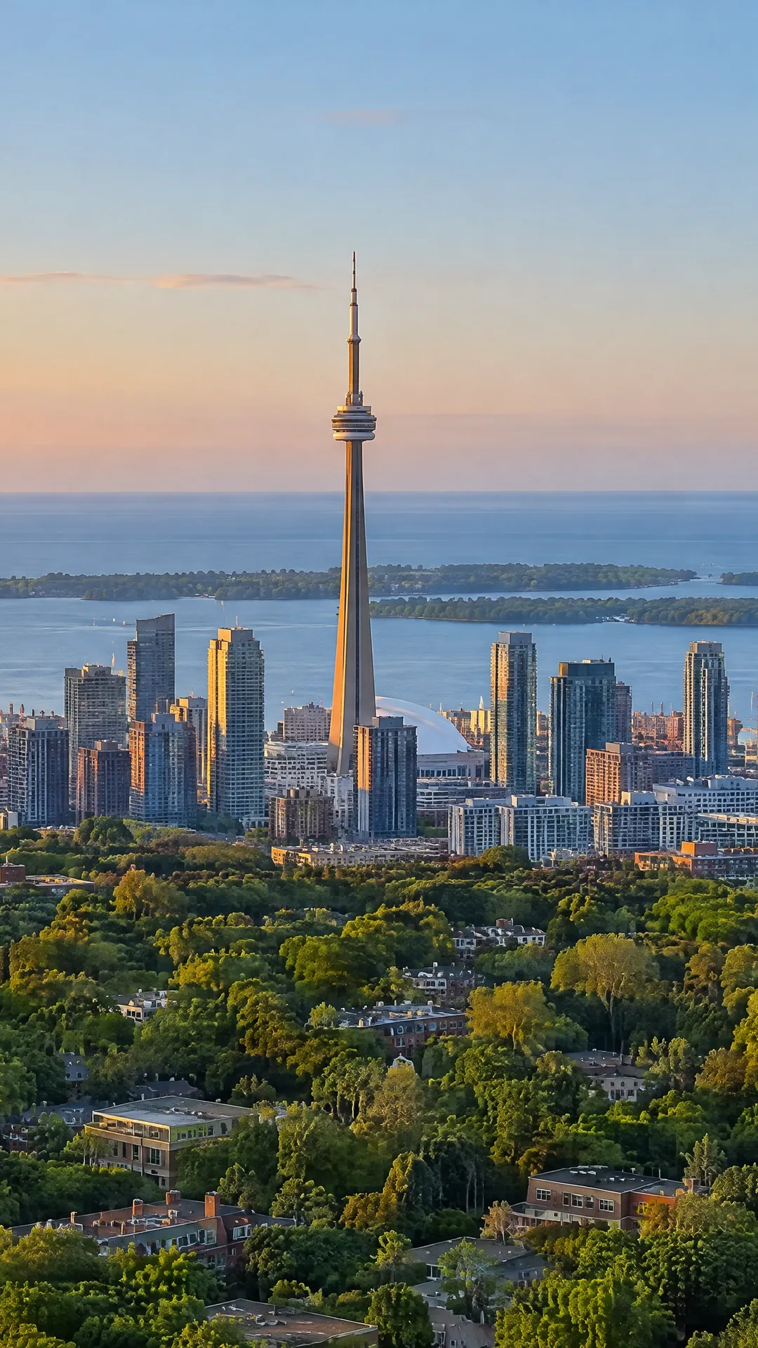 An illustrated aerial view south over leafy midtown to the downtown Toronto skyline, the CN Tower and Lake Ontario