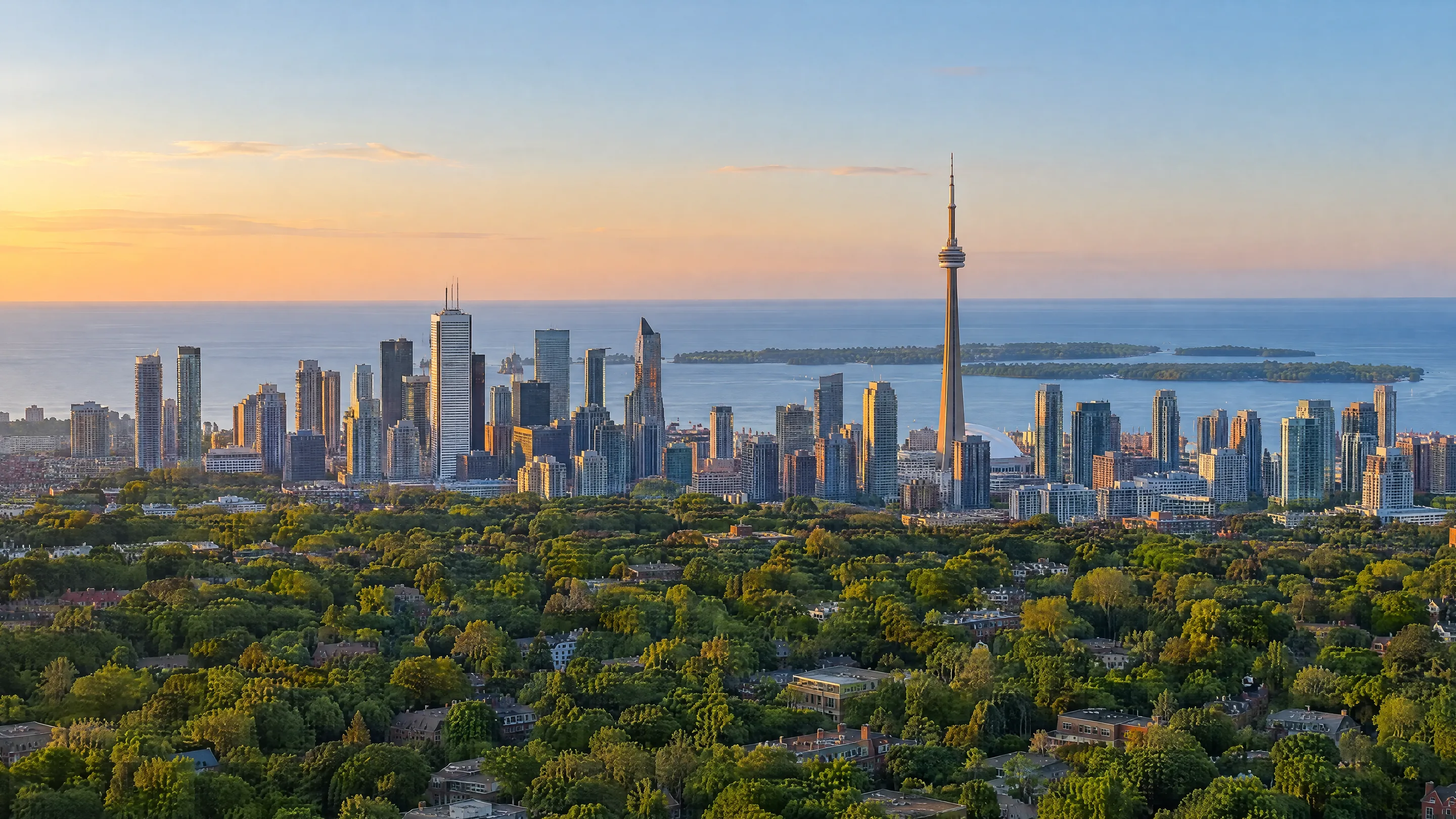An illustrated aerial view south over leafy midtown to the downtown Toronto skyline, the CN Tower and Lake Ontario