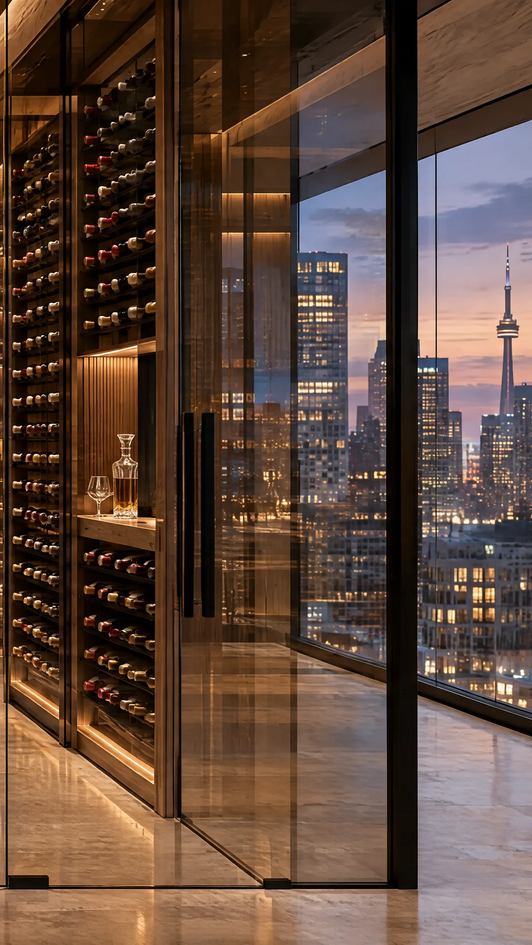 An illustrated penthouse glass-walled wine cellar with lit walnut racks