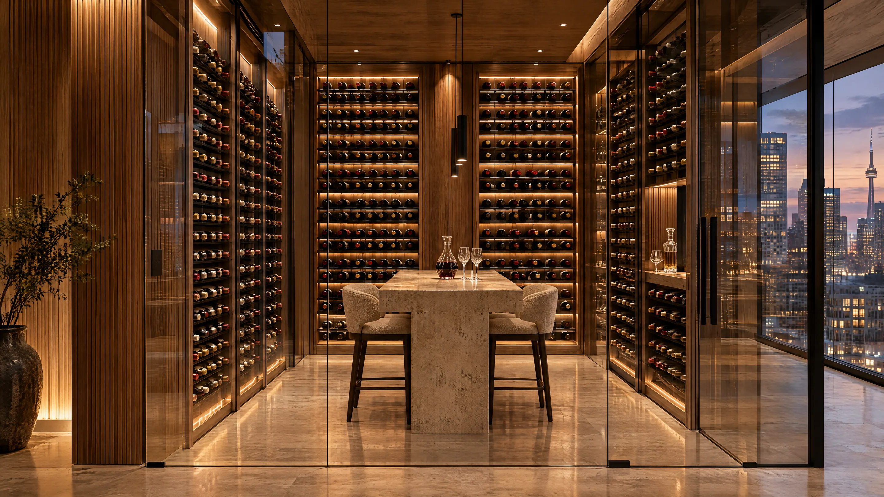 An illustrated penthouse glass-walled wine cellar with lit walnut racks