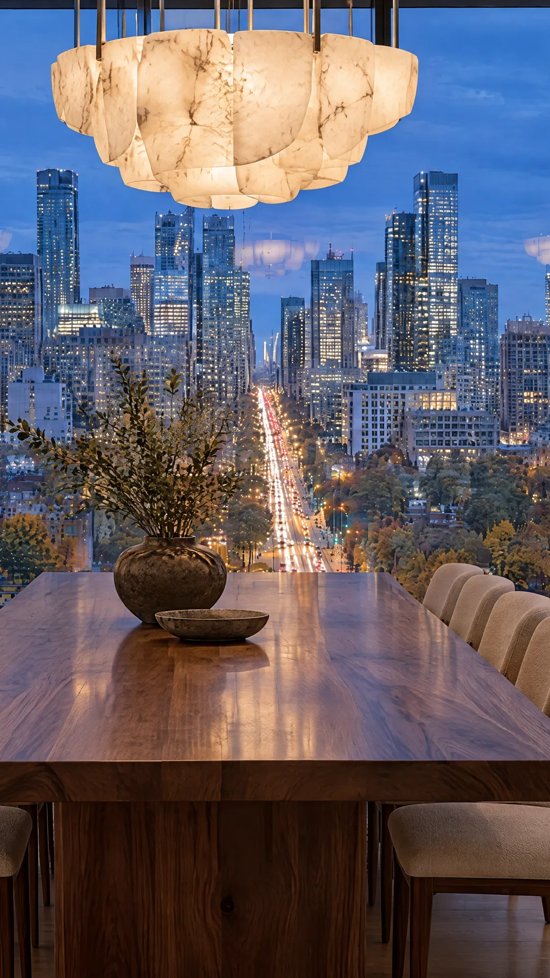 An illustrated penthouse dining room with a walnut table and floor-to-ceiling windows looking north up a lit avenue
