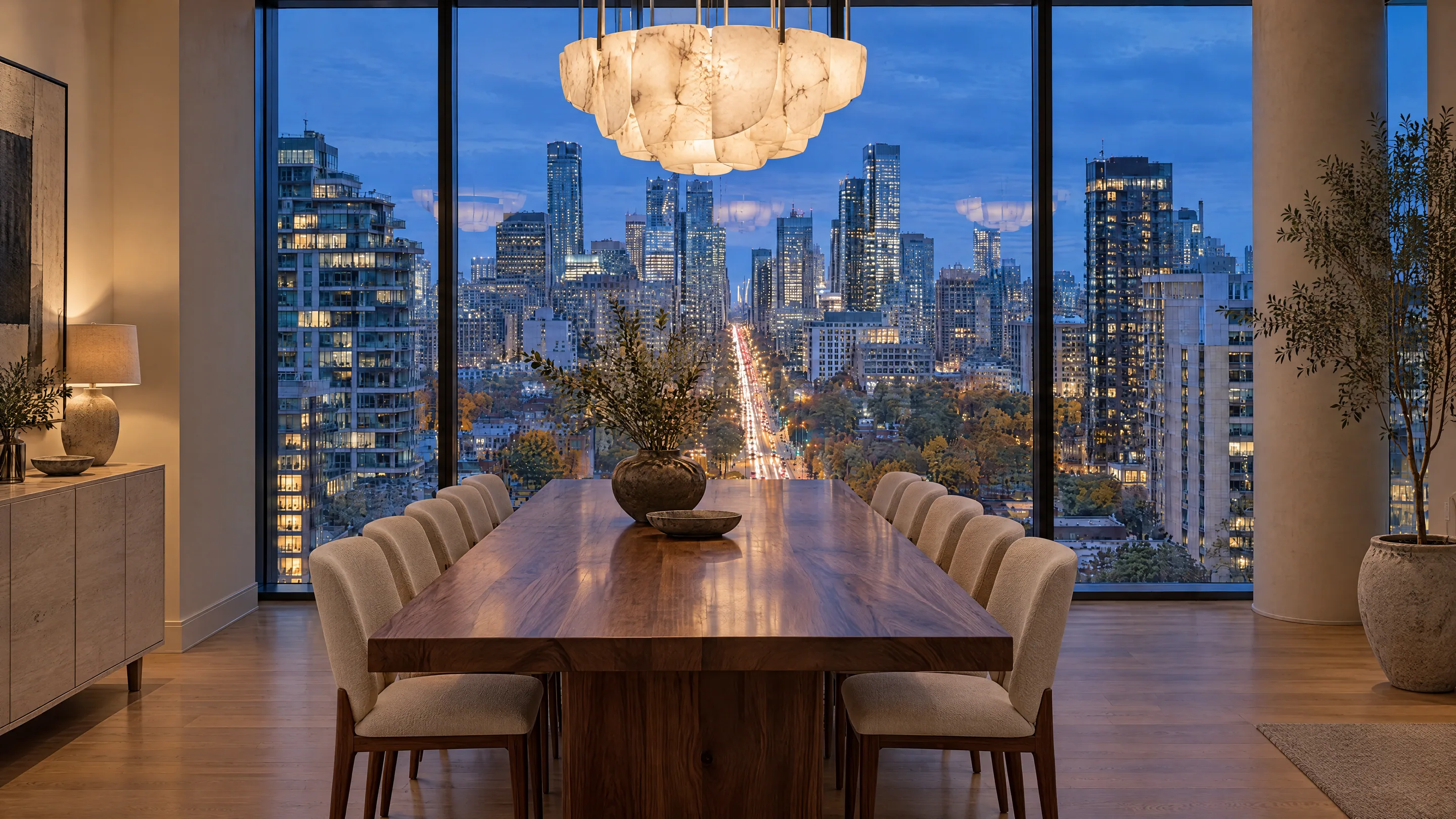 An illustrated penthouse dining room with a walnut table and floor-to-ceiling windows looking north up a lit avenue