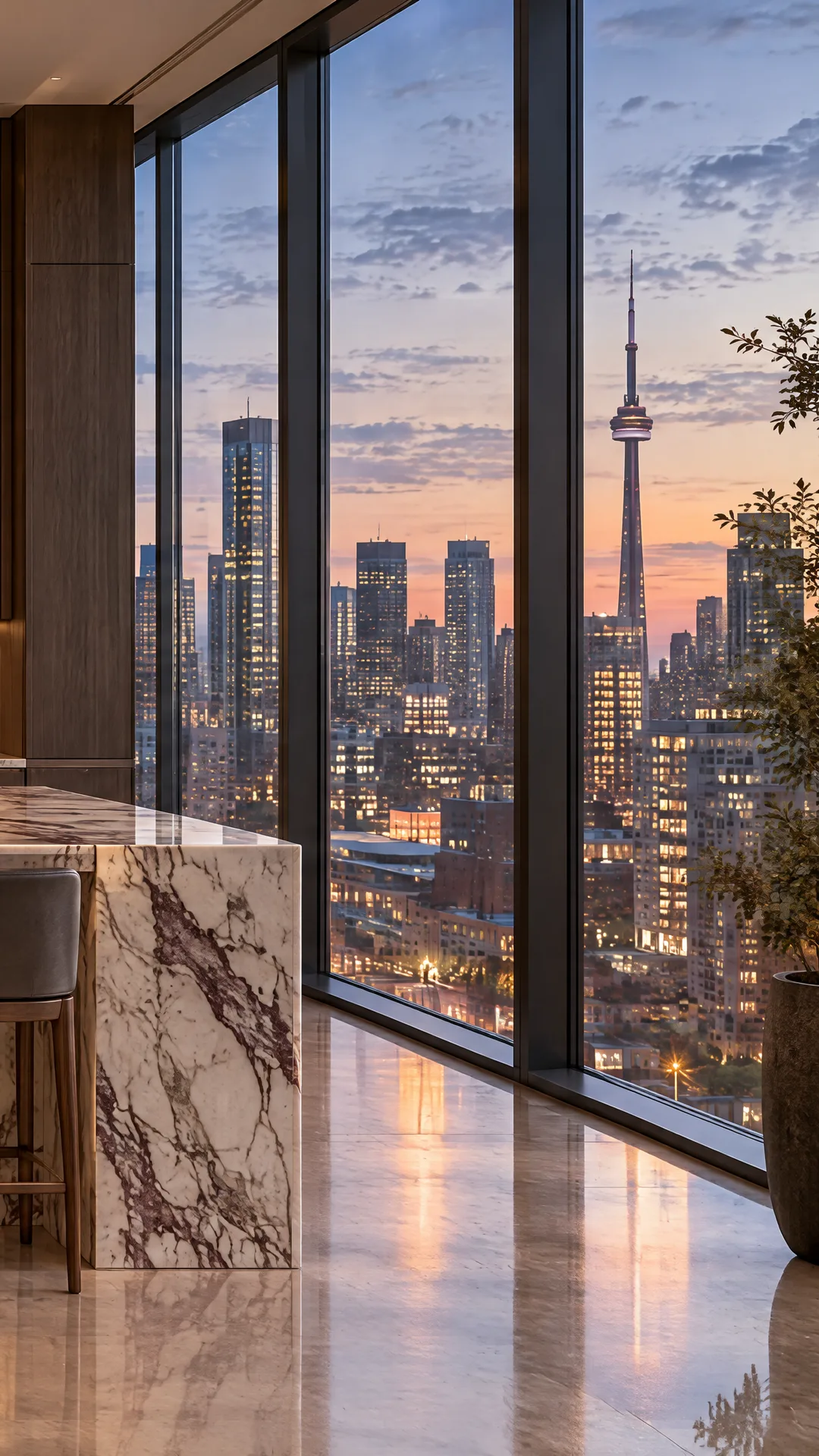 An illustrated penthouse chef's kitchen with a marble waterfall island and brass pendants