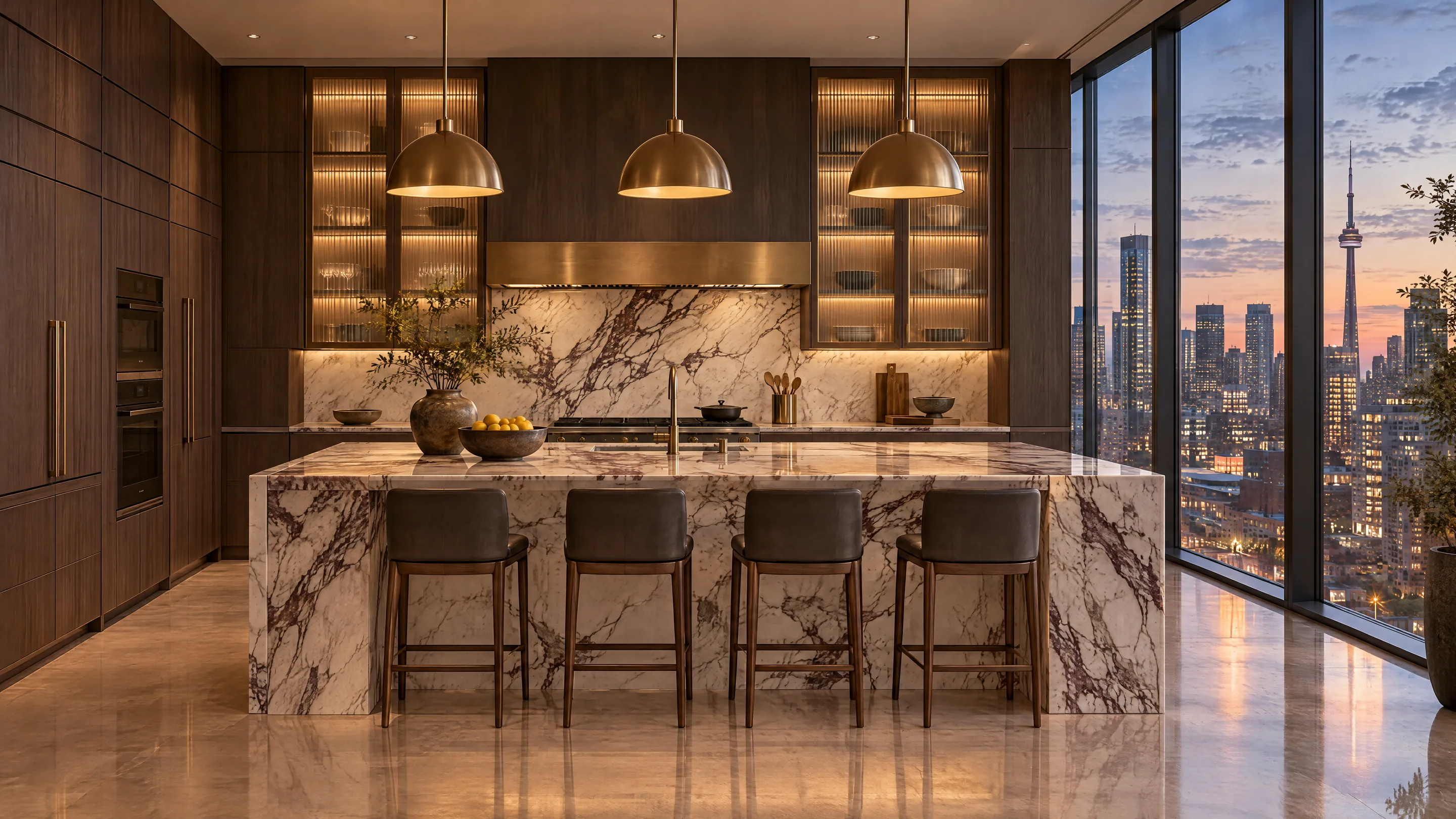 An illustrated penthouse chef's kitchen with a marble waterfall island and brass pendants