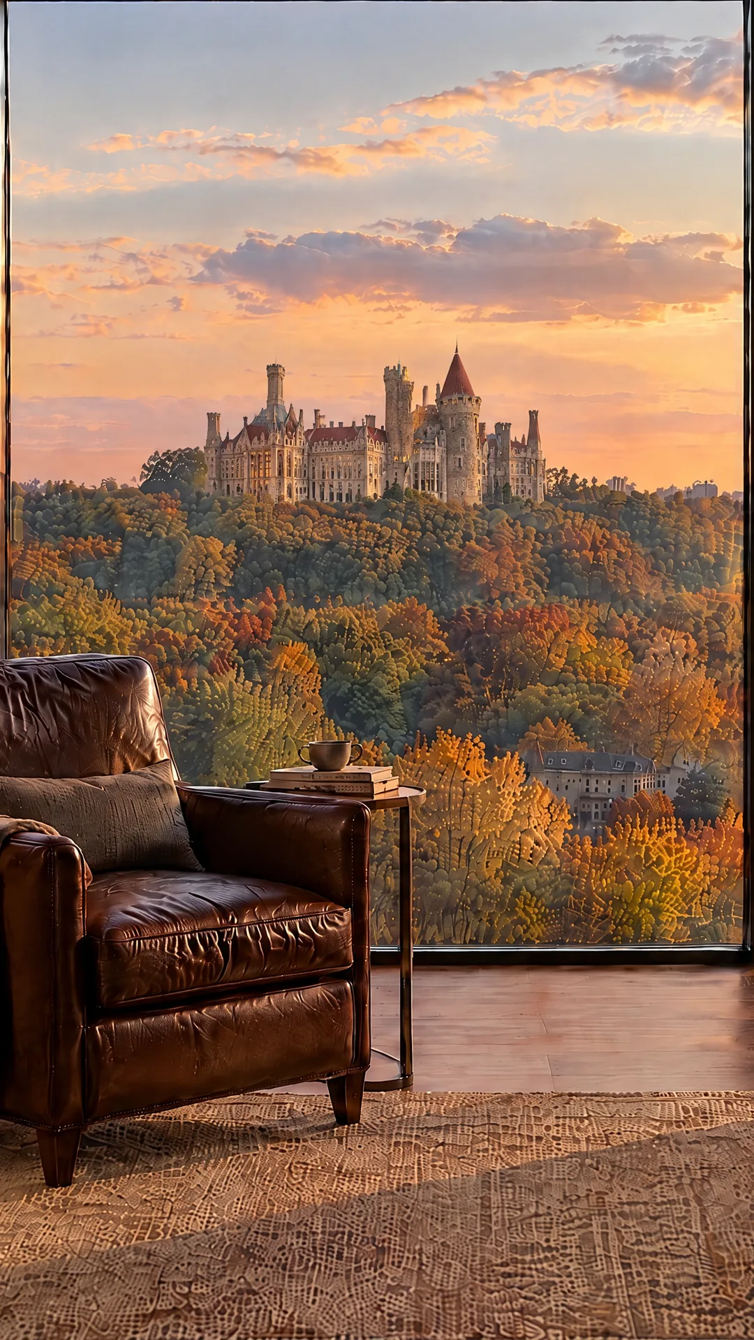 An illustrated penthouse library with walnut bookshelves and a window onto a castle on a wooded ridge