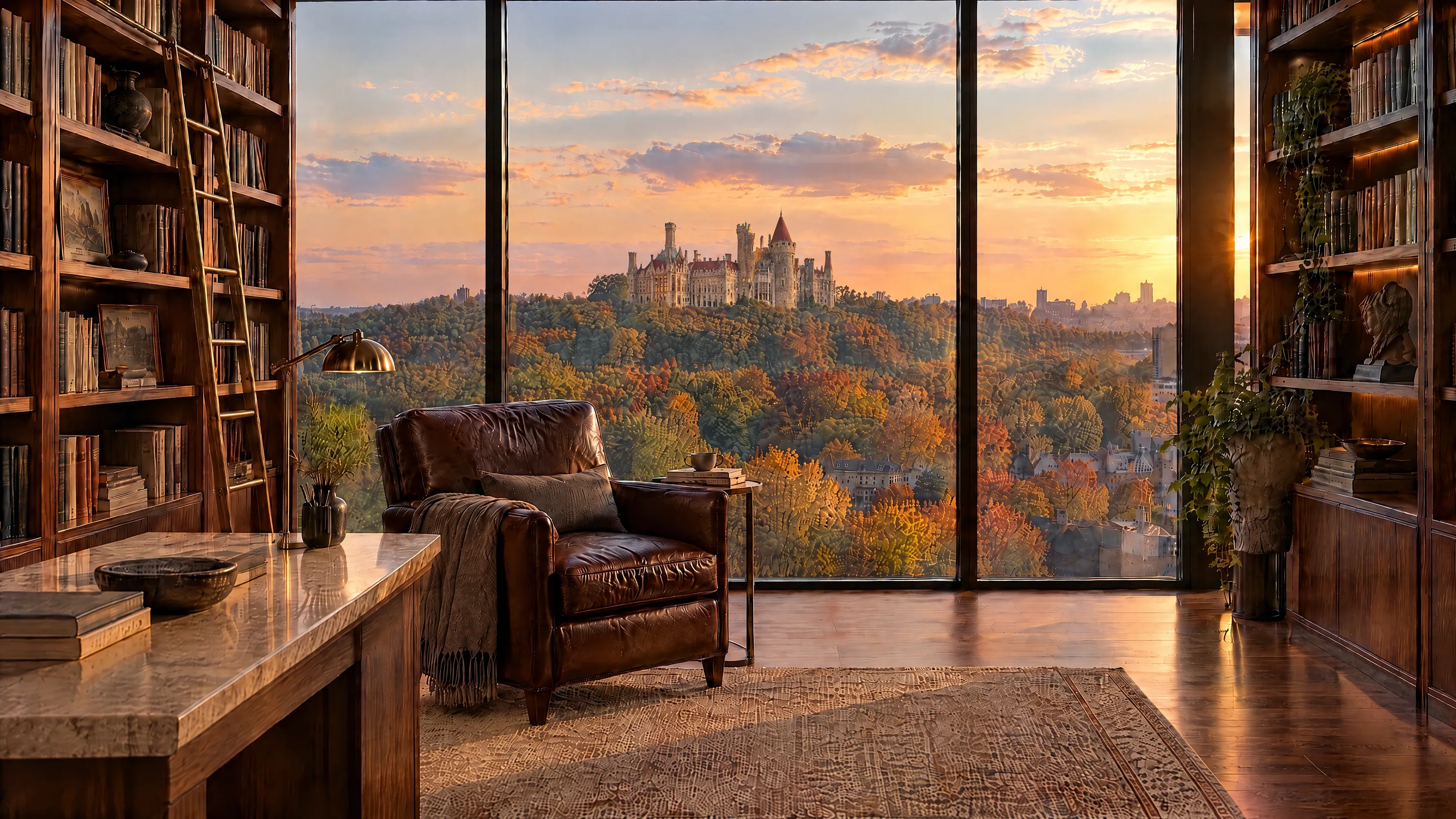 An illustrated penthouse library with walnut bookshelves and a window onto a castle on a wooded ridge