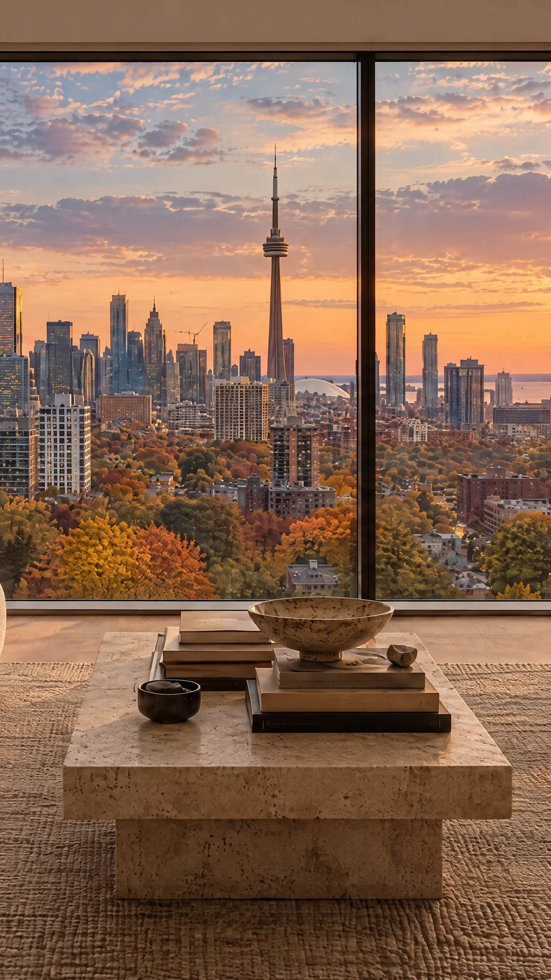An illustrated penthouse living room with a limestone fireplace and floor-to-ceiling windows facing the downtown skyline and the CN Tower