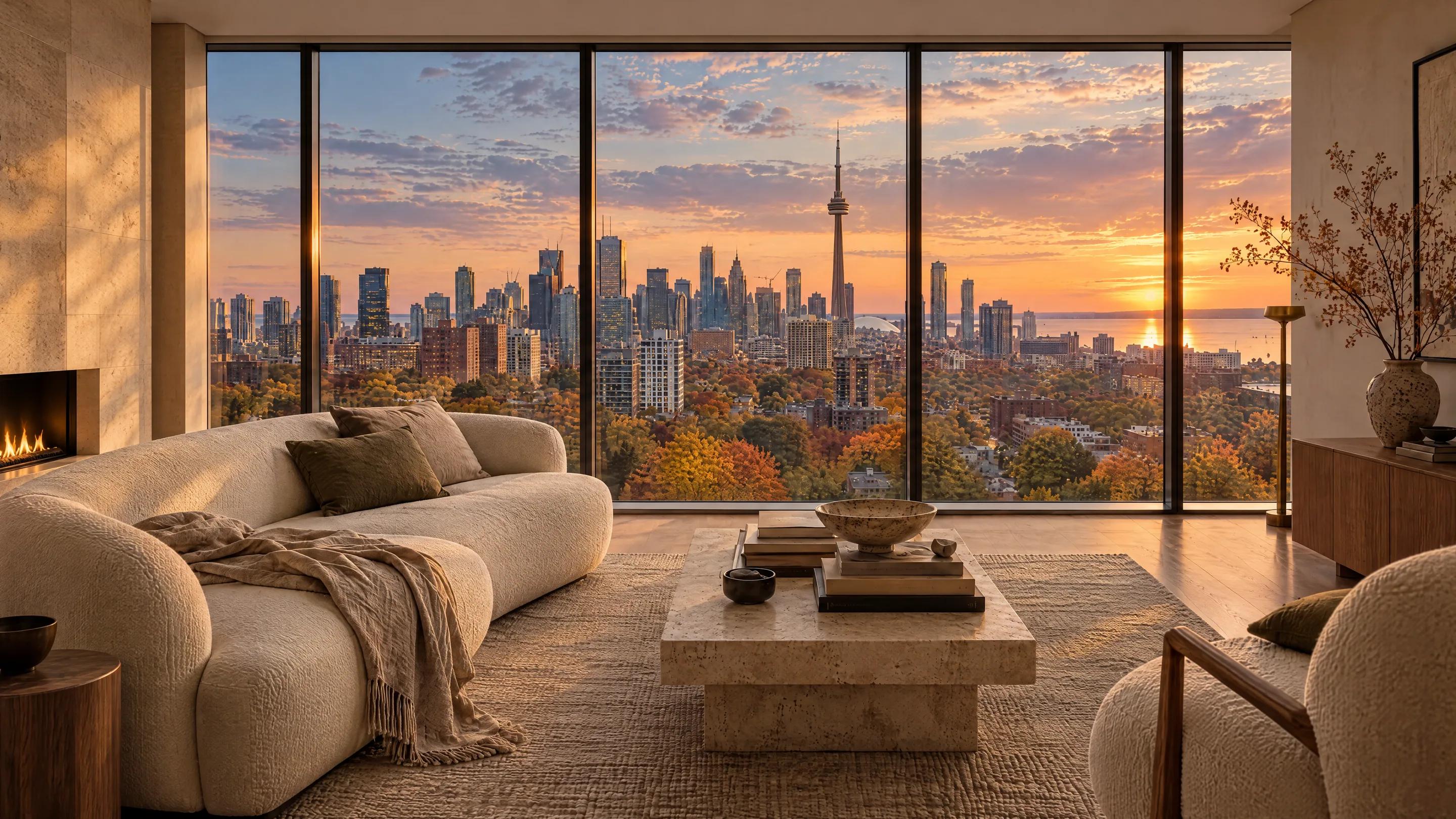 An illustrated penthouse living room with a limestone fireplace and floor-to-ceiling windows facing the downtown skyline and the CN Tower
