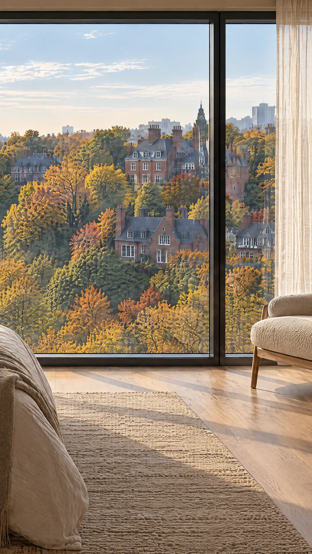 An illustrated penthouse bedroom with a window onto an autumn ravine and brick houses