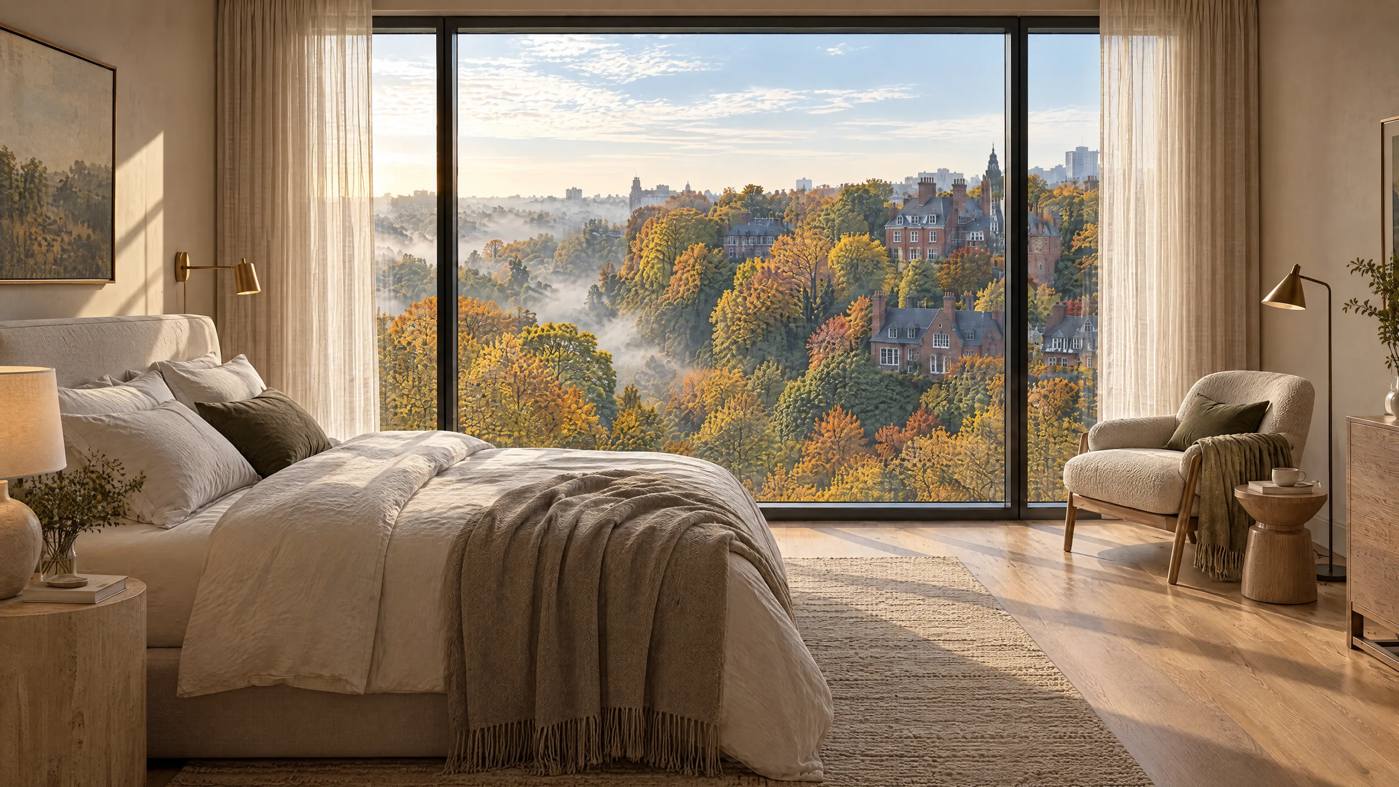 An illustrated penthouse bedroom with a window onto an autumn ravine and brick houses
