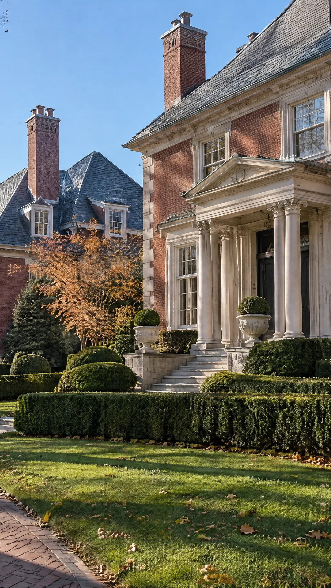 An illustrated tree-lined Rosedale street with brick Georgian houses and a garden path
