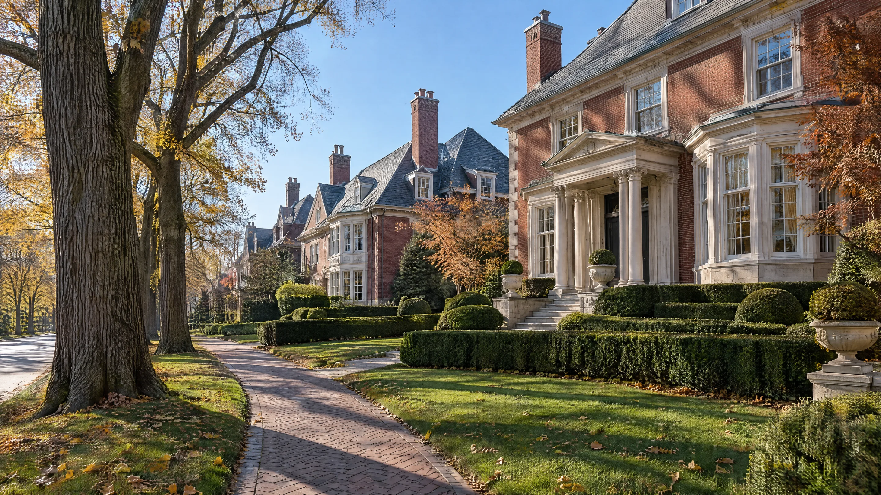 An illustrated tree-lined Rosedale street with brick Georgian houses and a garden path