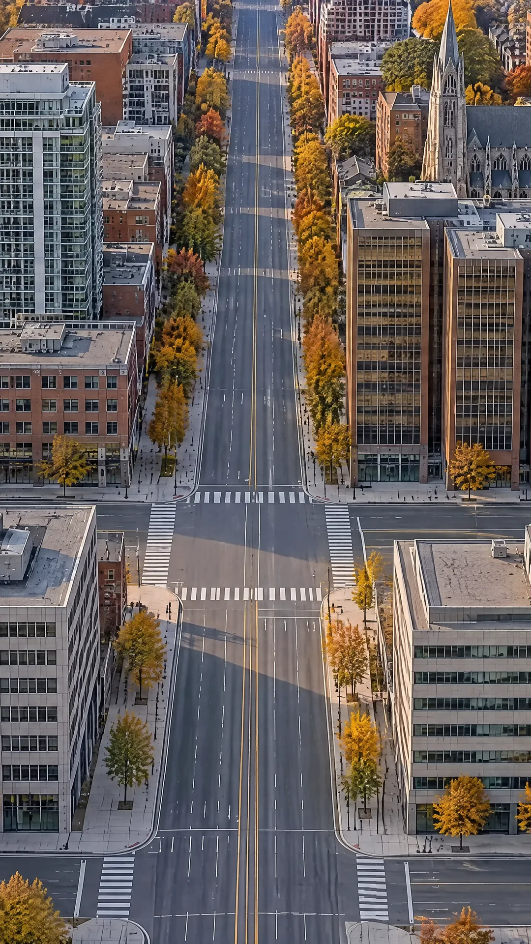 An illustrated aerial view of a midtown intersection with office towers, apartments and autumn trees