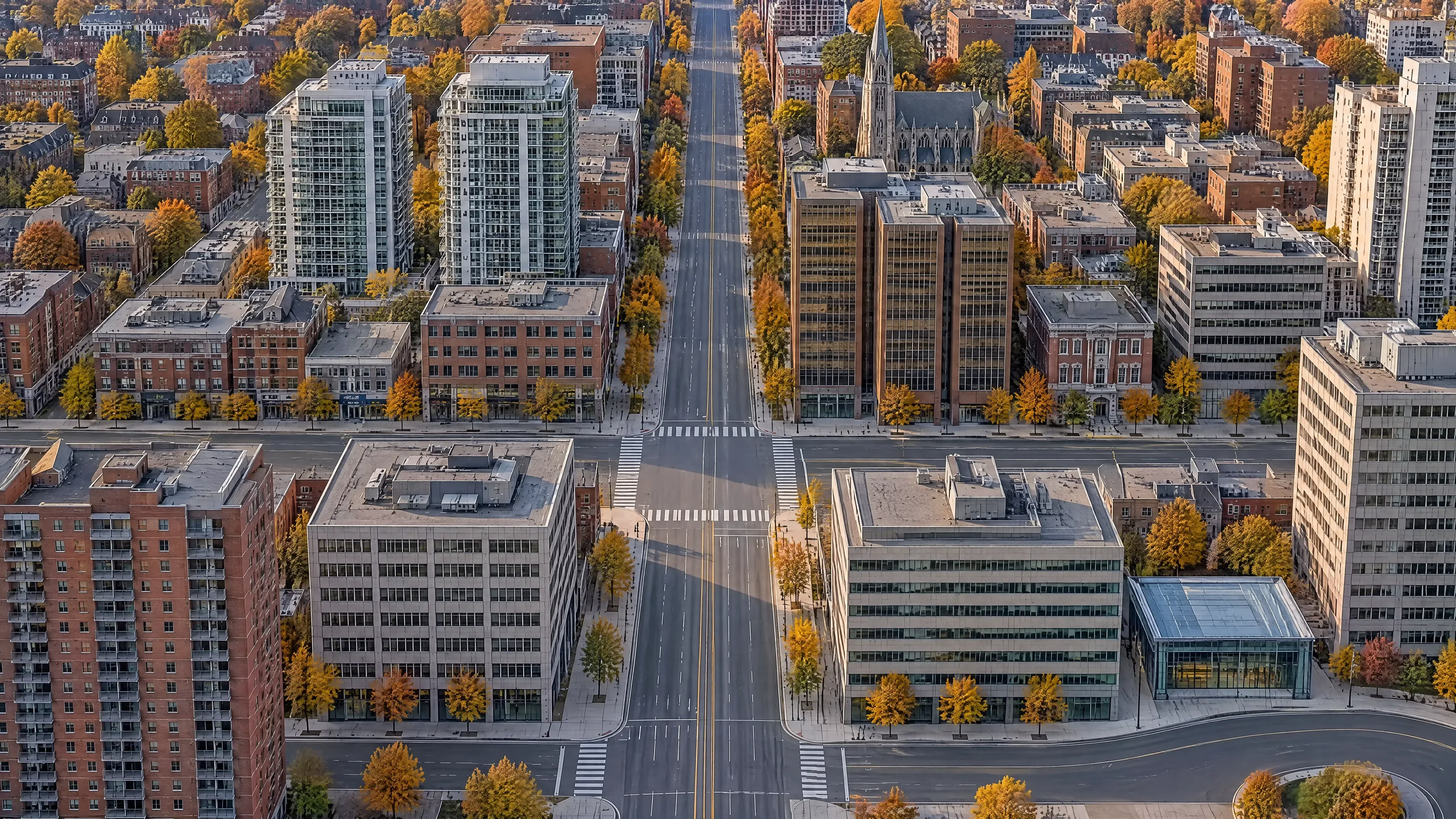 An illustrated aerial view of a midtown intersection with office towers, apartments and autumn trees